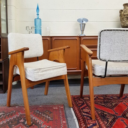 Mid Century Solid Myrtle & Vinyl Upholstered Armchairs c.1950 - SOLD