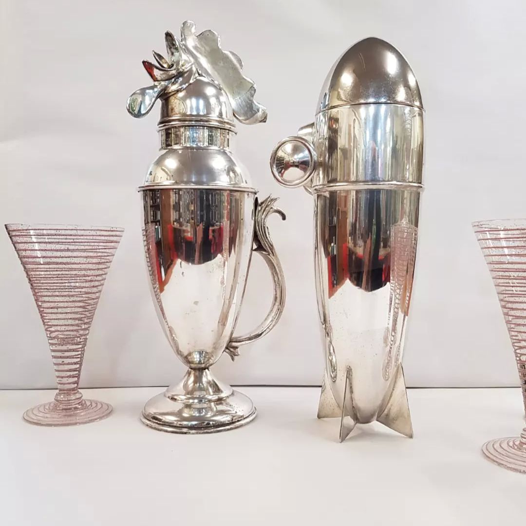 Mid Century Cocktail Glasses with Pink Swirl & Gold Flecks c.1950 set of 6 // Silver Plate Cockerel Cocktail Shaker by Restoration Hardware  // Art Deco Zeppelin Cocktail Shaker c.1930