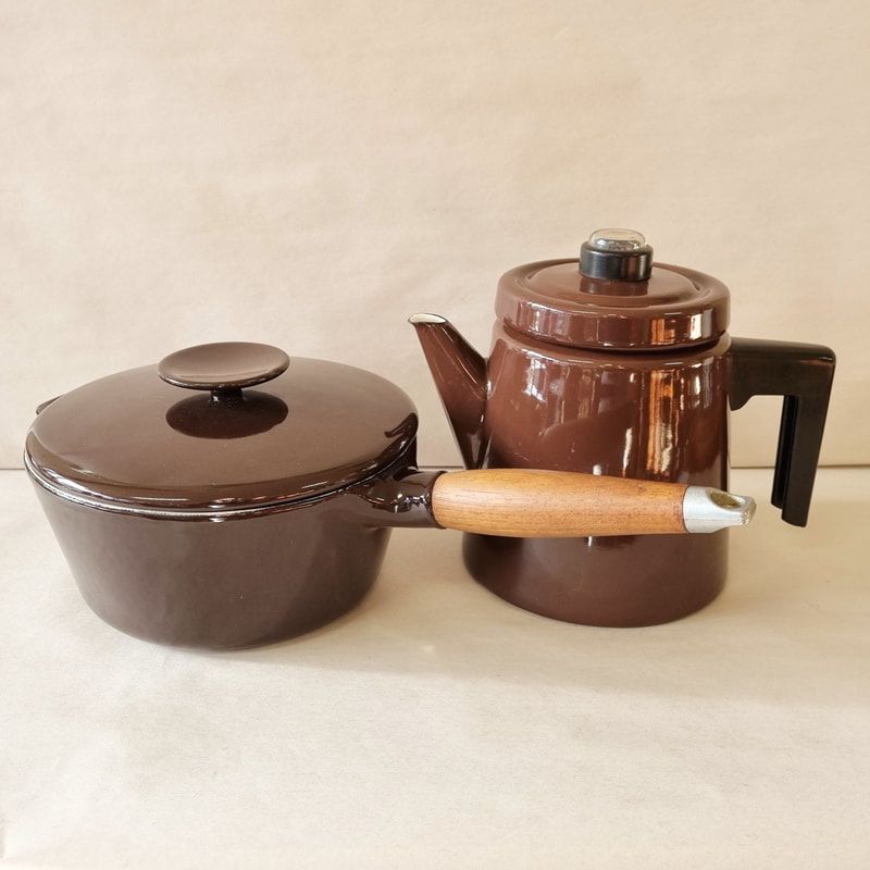Enamel Cast Iron Saucepan by Copco, Denmark c.1960  // Enamel Coffee Pot by Finel, Finland c.1960 