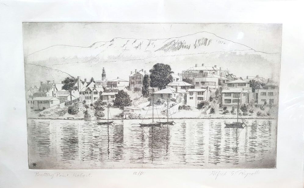 Etching of Battery Point, Hobart. Signed Artist Proof, Alfred G. Reynolds b.1906