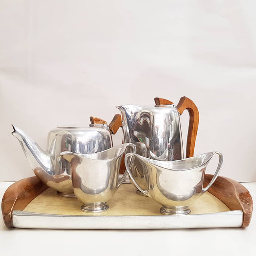 Picquot Ware Tea & Coffee Set, Polished Magnalium  Alloy Metal & Sycamore Handles with  Original Tray c.1950 - $325