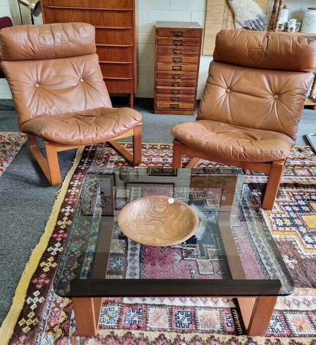 ​Mid Century Tessa T8 Canvas Sling Chairs with Leather Cushions designed by Fred Lowen Australia c.1975 // Tessa CT4 Smokey Glass Top Coffee ​Table