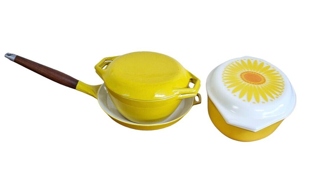 Mid Century Yellow Enamel Cast Iron Cookware by Copco, Denmark c.1960 - lidded casserole & frypan // Mid Century Lidded Daisy Pattern Casserole Dish by Pyrex, U.S.A c.1960