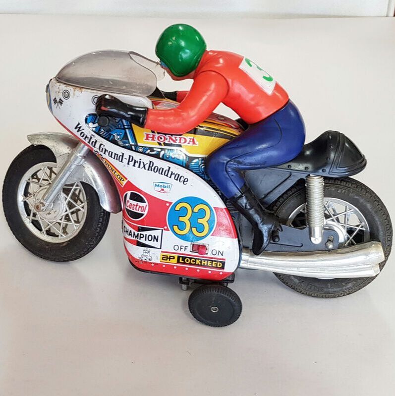 Vintage T.P.S. Tin Plate & Plastic Litho Toy Motor Cycle, Japan c.1960 