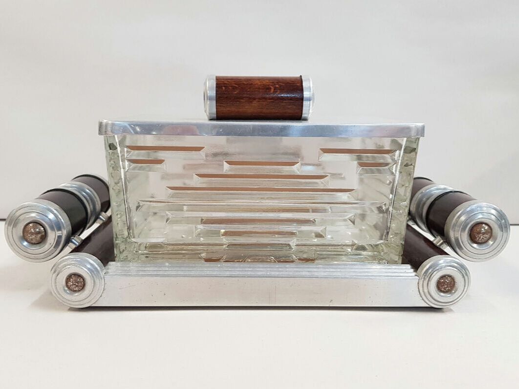 Art Deco Glass Serving Box on Mirrored Tray, Polished Aluminum Lid With Timber Trim c.1930
