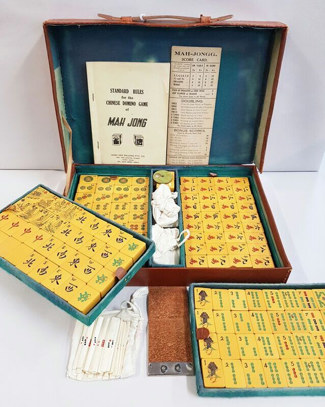 Mah-Jongg Amber Resin Tiles with Bone Counters & Dice in Leather Carry Case c.1930