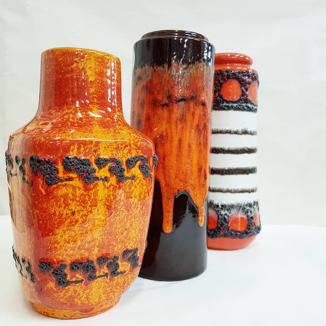 Mid Century Orange Fat Lava West German Pottery Vases