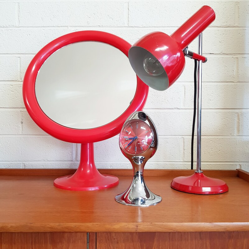 Mid Century Pedestal Mirror c.1960 - $145 //  West German Staiger Chrome Pedestal Alarm Clock c.1960 - $265 // Jetage Red Enamel Pedestal Desk Lamp c.1960 - $145