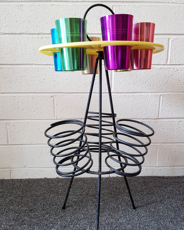 Retro Tripod Metal & Plastic Drinks Stand with 6 anodised cups c.1960 - SOLD
