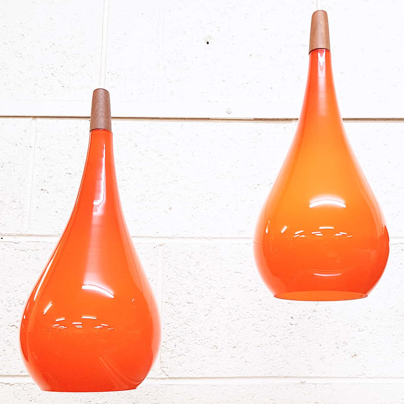 Mid Century Holmegaard Burnt Orange Cased Glass Teardrop Pendant Lights by Micheal Bang, Denmark c.1960 