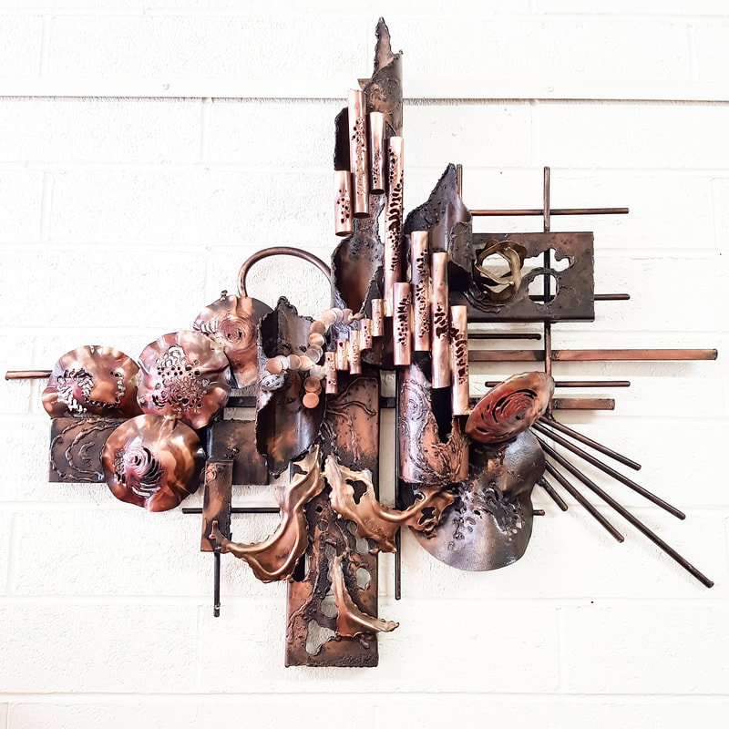 Brutalist Copper Wall Hanging Sculpture, signed (artist unknown) c.1960 - $1450