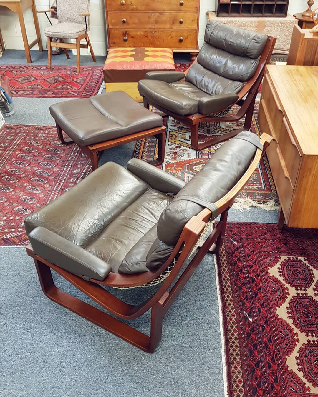Mid Century Tessa T4 Pair of Armchairs with 1 Footstool, designed by Fred Lowen c.1970 