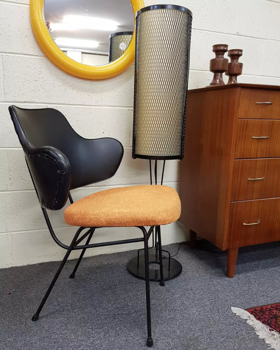 Mid Century RE Chair by Grant Featherston c.1960  // Atomic Black Mesh Rocket Style Lamp c.1950 // Mid  Century Yellow Round Plastic Mirror c.1970
