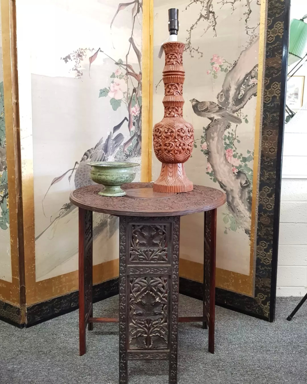Indian Carved Teak Occasional Table with Inlay c.1960  // Teak Carved Lamp c.1960 