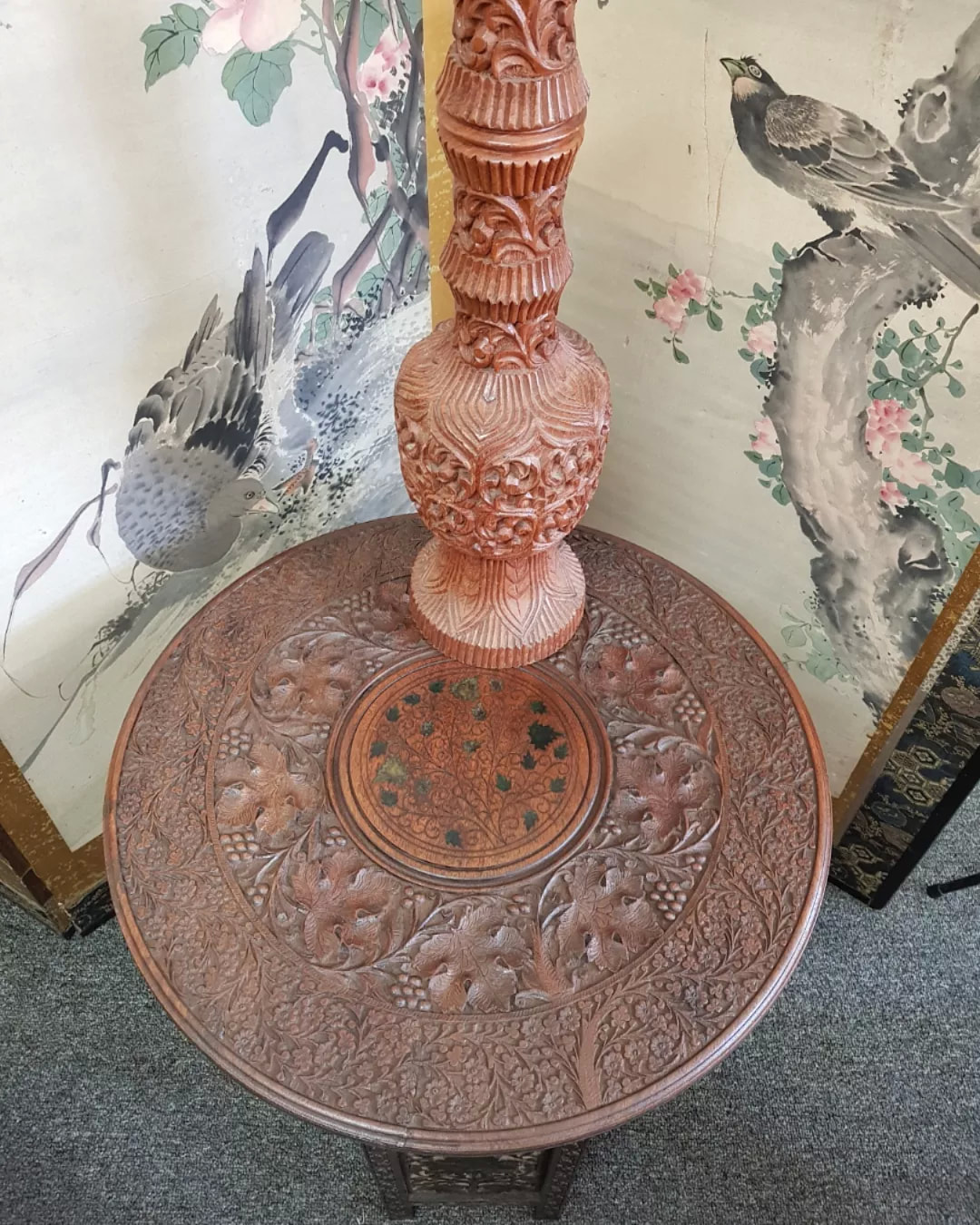 Indian Carved Teak Occasional Table with Inlay c.1960 // Teak Carved Lamp c.1960