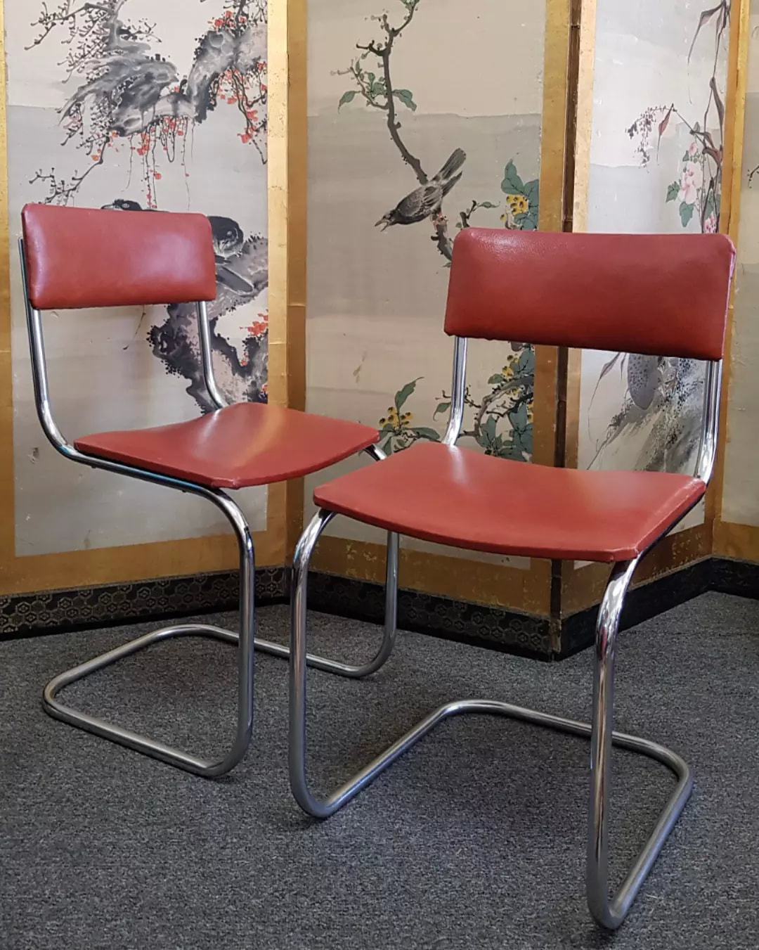 Mid Century Chrome & Vinyl Bauhaus Cantilever Chairs c.1950