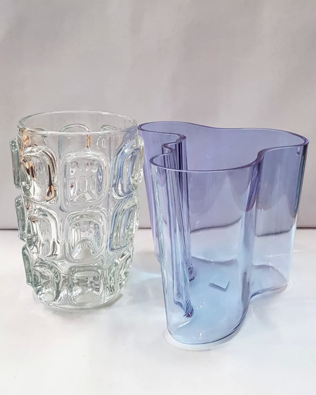 Mid Century Brutalist Clear Glass Vase designed by Frantisek Vizner for Sklo Union,  Czechoslovakia c.1960 & Aalto Amethyst Glass Vase designed by Alvar Aalto for Iittala 16cm (140th Anniversary edition) 
