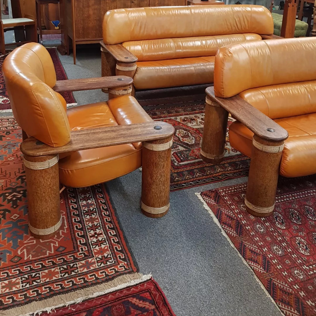 Vintage Tan Leather & Palmwood Messina Series Lounge Suite by Pacific Green (Aus.) c.1990