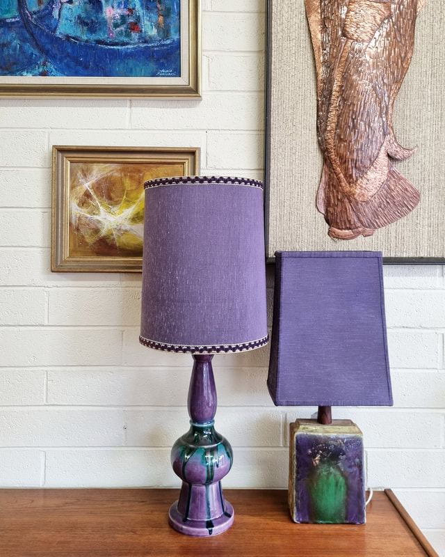 (L-R) Mid Century Purple & Green Glazed Ceramic Lamp with Shade c.1960 // Mid Century Rectangle Pottery Base with Green & Purple Glaze c.1960