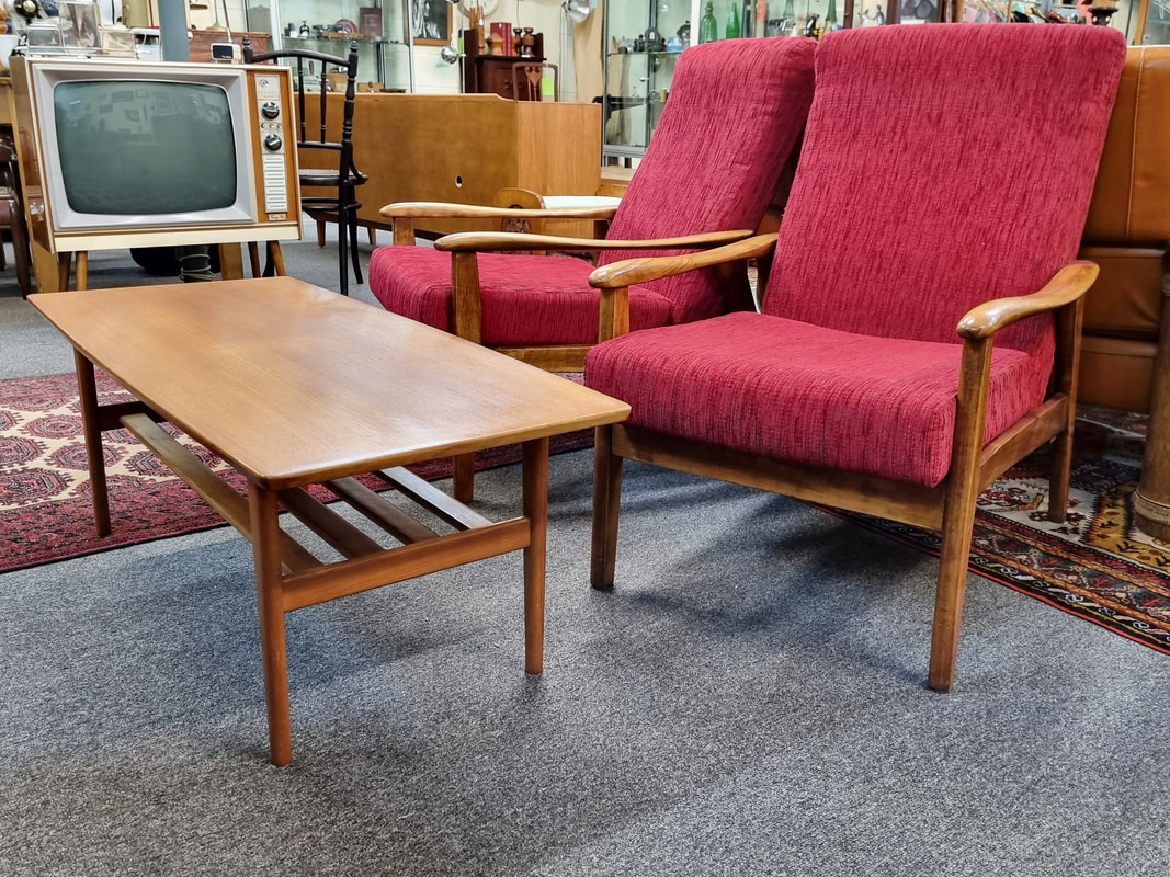Mid Century Armchairs with Myrtle Arms c.1960 the pair // Mid Century Teak Coffee Table with Magazine Rack c.1960 