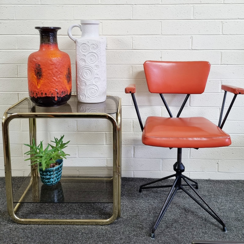 Mid Century Brass & Smokey Glass Tiered Side Table c.1970  // Mid Century Swivel Chair c.1960 // West German Large Fat Lava Vase by Carstens c.1960  // West German Fossil Patterned Vase by Scheurich c.1960 