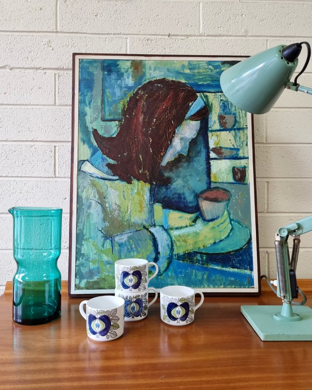 Mid Century Glass Carafe c.1960  // Framed Oil on Board, Artist Unknown c.1960  // Mid Century Rorstrand Cups c.1960 - set of 4 // Mint Green 