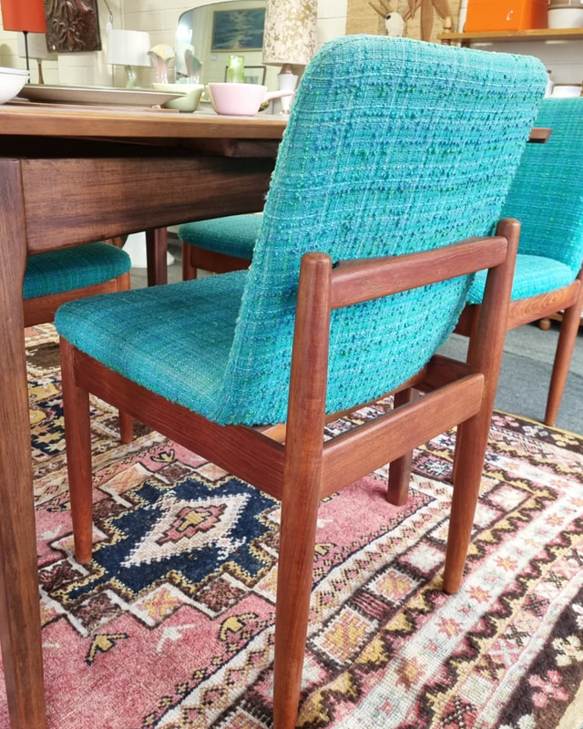 Mid century teak dining chairs with original wool textured upholstery by T.H. Brown,  South Australia, stamped Dec 1975 no. 231 - set of 5 chairs