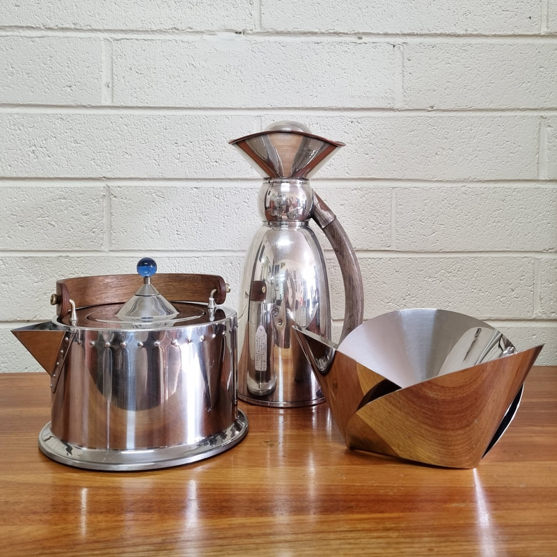Ottoni Teapot designed by Carsten Jørgensen for Bodum Denmark, made in Italy c.1980  // Silver Plate Carafe c.1930  // Alessi Harmonic Stainless Steel Bowl designed by Abi Alice c.2008