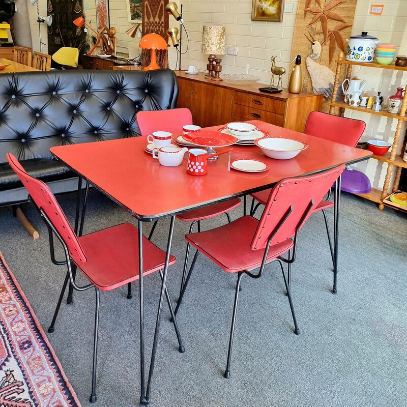 Mid Century Red Formica Laminex Table with 4 Vinyl & Wrought Iron Chairs c.1950