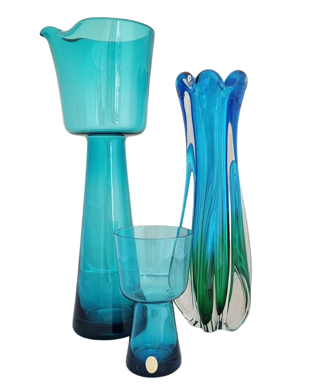 Mid Century Turquoise Blue Tall Jug with Glass, Poland c.1960 - $160 the pair // Mid Century Blue & Green Art Glass Vase by Sanyu, Japan c.1960