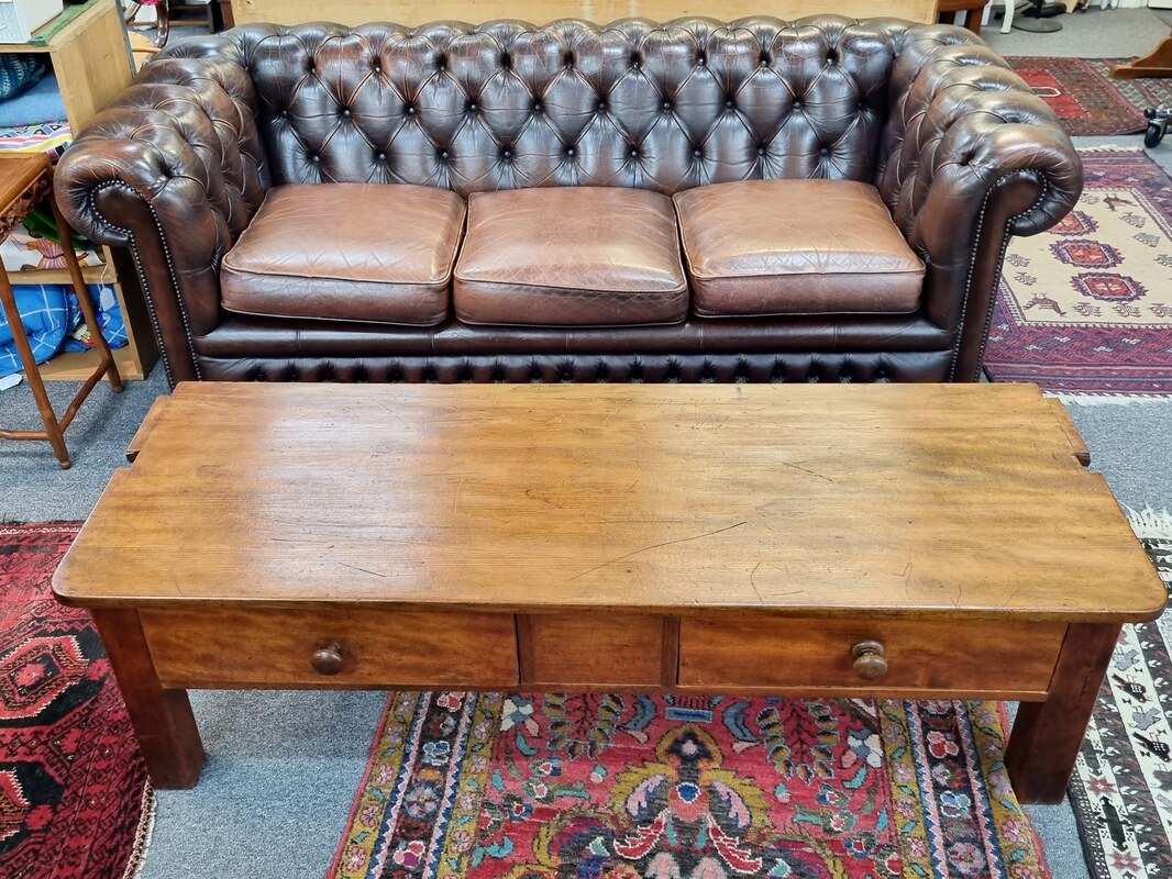 3 Seater Leather Chesterfield Lounge // Kauri Pine Coffee Table c.1880