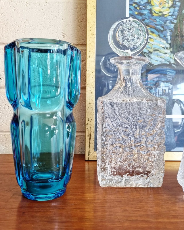 Mid Century Blue Art Glass Vase by Frantisek Vizner for Rudolfova Hut Glass, Czechoslovakia c.1960, Mid Century Glacier Decanter by Geoffrey Baxter for Whitefriars, England c.1960 