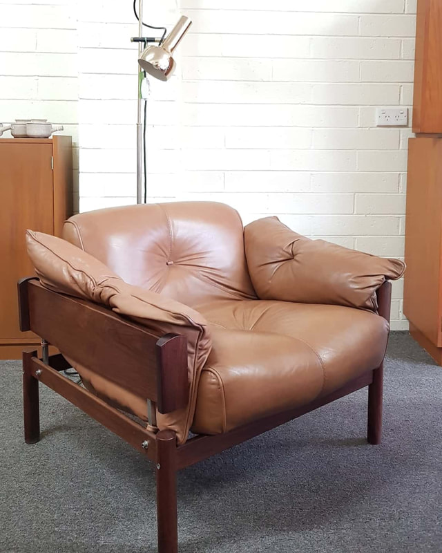 Mid Century Rosewood & Leather Armchair with Footstool / ​Coffee Table, by Percival Lafer, Brazil c.1958 - $3200