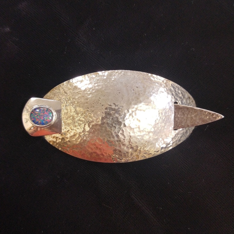 Sterling Silver Hand Hammered Barette with Opal, Stamped WJ (95mm x 45mm) $175