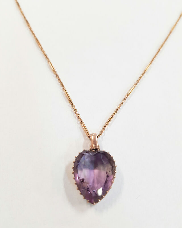 9ct Rose Gold Chain & Heart Shaped Mounted Amethyst Pendant c.1900