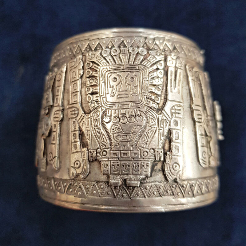 Mexican Silver Bangle with Aztec/Mayan Design Relief, c.1960 (weight 140g)