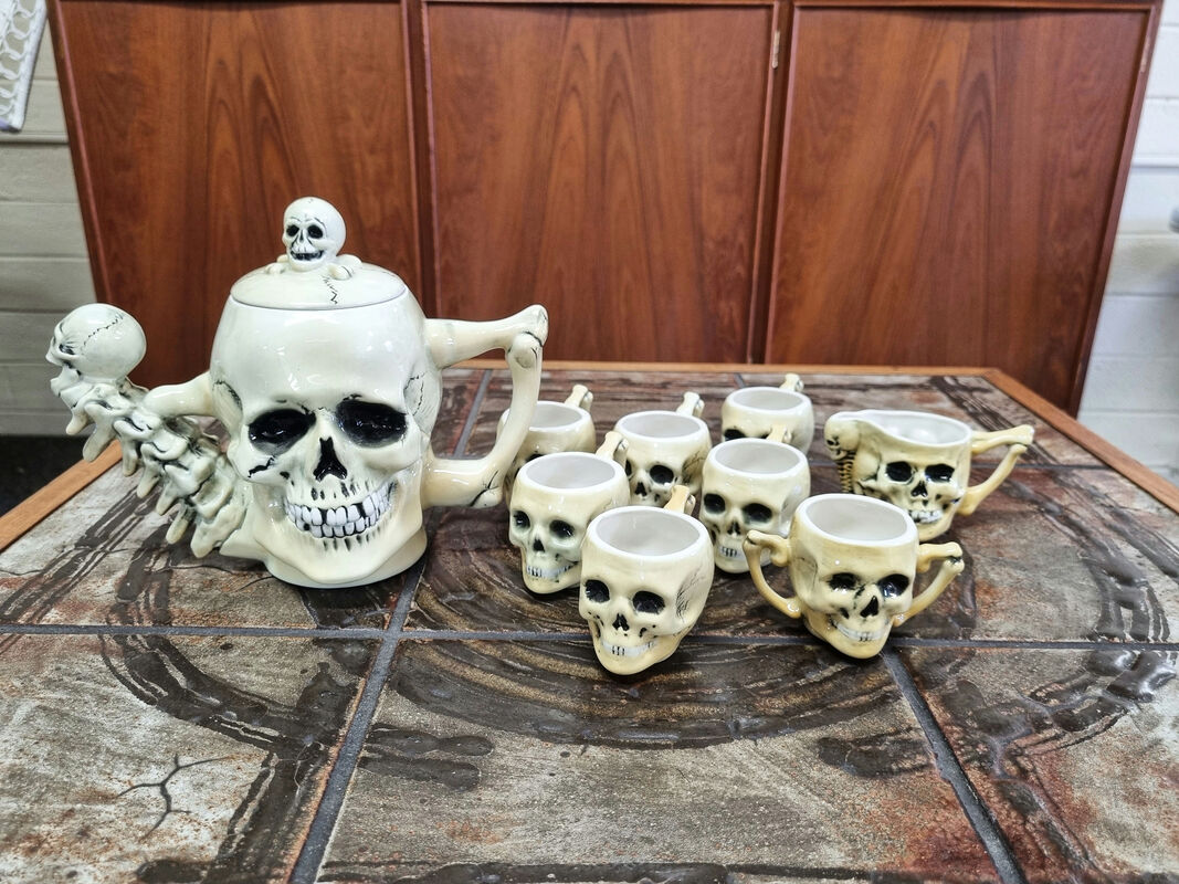 Porcelain Skull Tea Set by Ernst Bohne Söhne, Germany c.1900