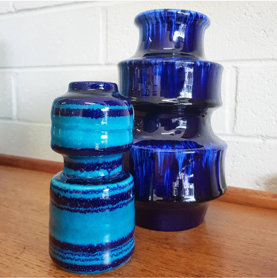 (L-R) Mid Century Dutch Blue Glazed Vase by Ravelli c.1960  // Mid Century West German Blue Glazed Vase, by Scheurich c.1960 
