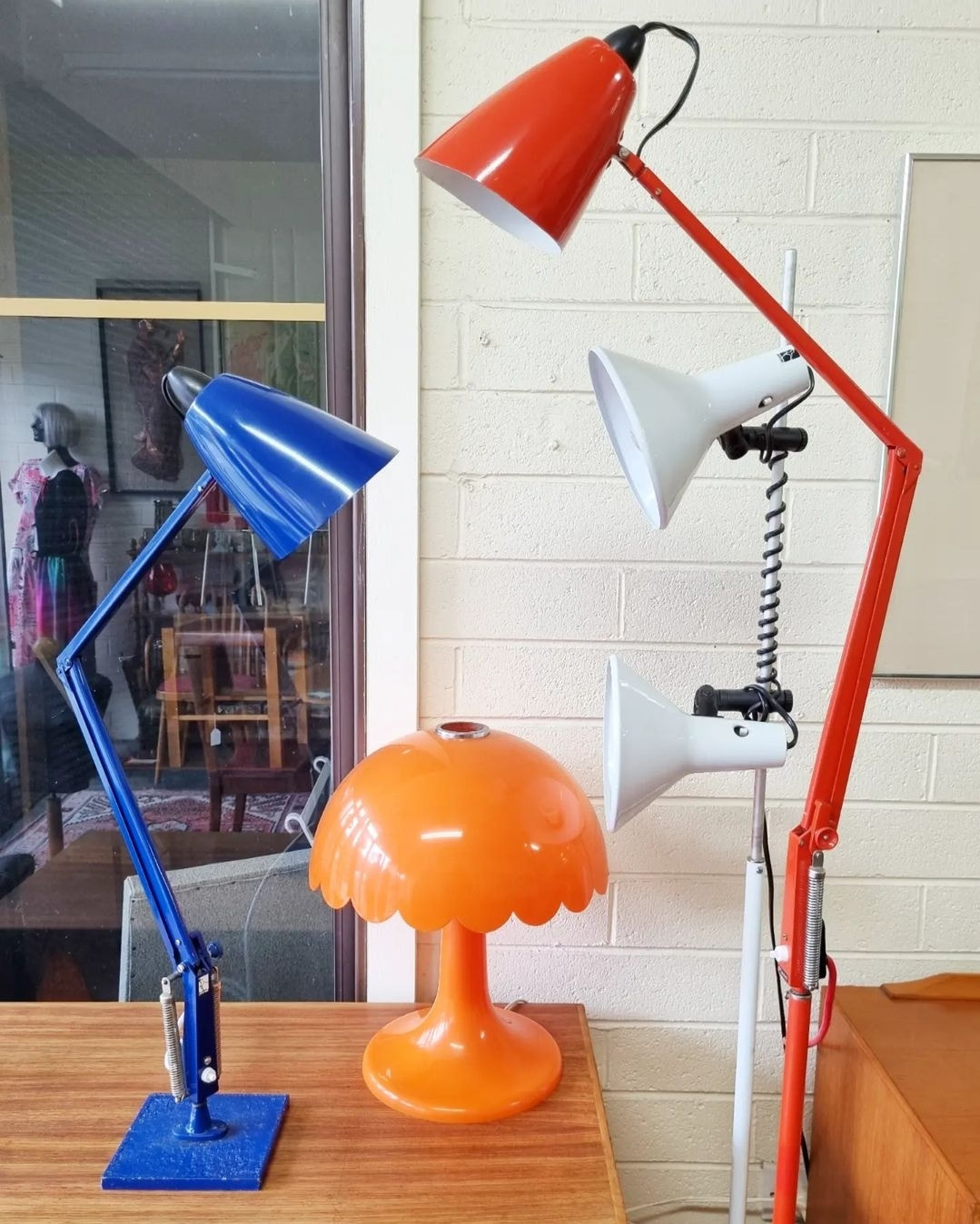 Mid Century Orange Plastic Mushroom Lamp c.1960 // Twin Head White Floor Lamp by Planet (Aus.) c.1970  // Studio K Anglepoise Red Floor Lamp by Planet (Aus.) c.1960 